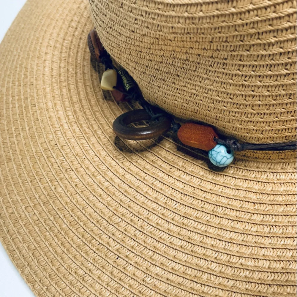 Royal Resortwear woven beaded turquoise and wood leather lace Sun hat for Sumner